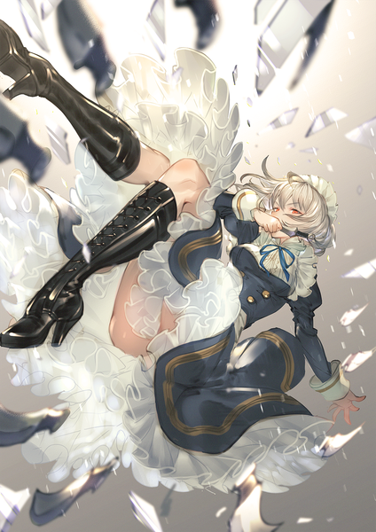 Anime picture 849x1200 with touhou izayoi sakuya makai no juumin single tall image looking at viewer fringe short hair light erotic simple background red eyes silver hair bent knee (knees) long sleeves maid high heels puffy sleeves covered mouth weightlessness broken glass