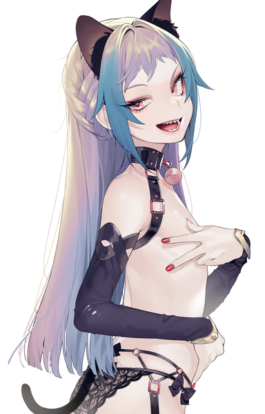 Anime-Bild 2032x3172 mit original die (ohisashiburi) ohisashiburi single long hair tall image looking at viewer fringe highres open mouth light erotic simple background smile red eyes standing white background bare shoulders animal ears blue hair tail