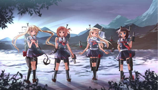 Anime picture 2205x1254 with kantai collection shigure destroyer yuudachi destroyer murasame destroyer shiratsuyu destroyer risutaru long hair looking at viewer blush highres short hair blue eyes blonde hair smile red eyes brown hair wide image multiple girls sunlight mountain