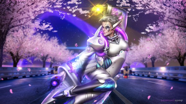 Anime picture 5122x2881 with overwatch blizzard entertainment moira (overwatch) ayyasap single looking at viewer highres short hair blue eyes red eyes wide image signed absurdres bent knee (knees) arm up fingernails lips grey hair realistic night