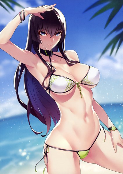 Anime picture 2490x3530 with highschool of the dead madhouse busujima saeko ban! (bansankan) single long hair tall image looking at viewer blush fringe highres breasts blue eyes light erotic black hair hair between eyes large breasts standing sky cleavage