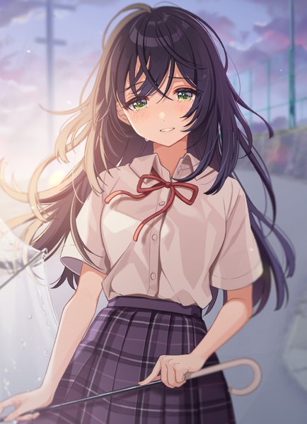 Anime picture 1000x1381 with kimi wa boku no koukai mizuno ai (kimi wa boku no koukai) shigure ui single long hair tall image looking at viewer blush fringe black hair hair between eyes standing holding green eyes payot sky cloud (clouds) outdoors pleated skirt fingernails