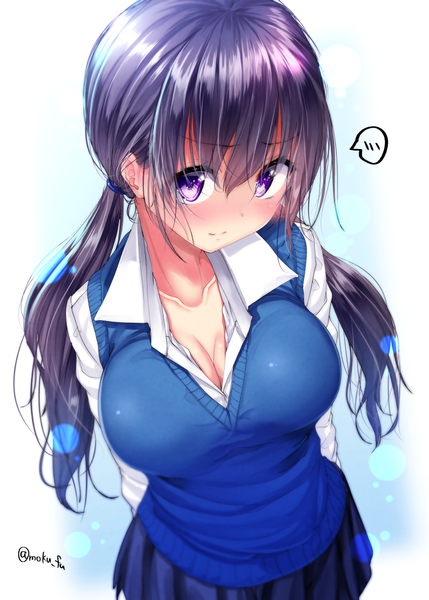 Anime picture 800x1119 with original mokufuu single long hair tall image looking at viewer blush fringe breasts light erotic simple background hair between eyes large breasts standing twintails purple eyes signed payot cleavage purple hair
