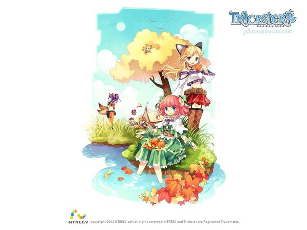 Anime picture 1024x768 with trickster cat (trickster) sheep (trickster) buffalo (trickster) fox (trickster) lion (trickster) raccoon (trickster) blonde hair animal ears pink hair purple hair tail barefoot horn (horns) cat ears midriff fox ears fox tail autumn tree sitting