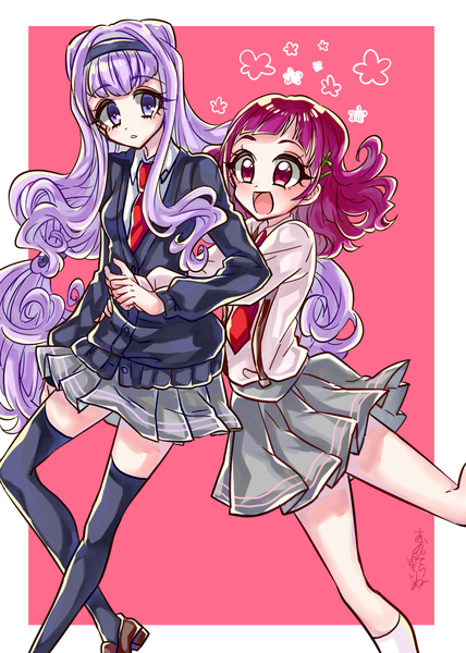 Anime picture 1000x1400 with precure hugtto! precure toei animation ruru amour nono hana yuki inu long hair tall image short hair open mouth red eyes purple eyes multiple girls pink hair purple hair hug hug from behind girl thighhighs uniform