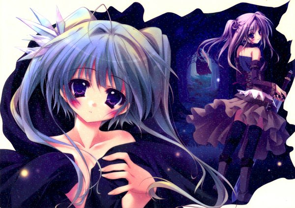 Anime picture 2000x1410 with izumi tsubasu blush highres purple eyes twintails multiple girls blue hair purple hair ahoge night girl dress 2 girls sword