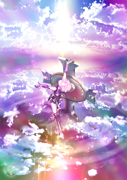 Anime picture 707x1000 with fate (series) fate/grand order mash kyrielight karuha (kokuyouboys) single tall image fringe short hair pink hair sky cloud (clouds) full body eyes closed hair over one eye arms up high heels coloring spread arms horizon purple background