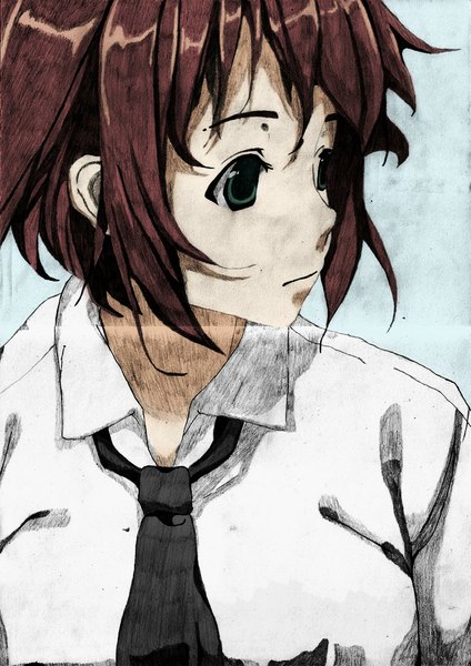 Anime picture 765x1082 with katawa shoujo tezuka rin tagme (artist) single tall image short hair simple background brown hair green eyes looking away scan blue background open collar messy hair crease girl shirt necktie white shirt