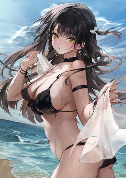 Anime picture 900x1273 with original minncn single long hair tall image looking at viewer blush fringe breasts light erotic black hair large breasts standing holding green eyes sky cloud (clouds) outdoors blunt bangs nail polish