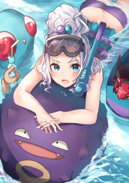 Anime picture 707x1000 with pokemon nintendo koffing tentacool roxie (pokemon) venipede e-co single long hair tall image looking at viewer open mouth blue eyes light erotic silver hair :d partially submerged interlocked fingers goggles on head gen 1 pokemon