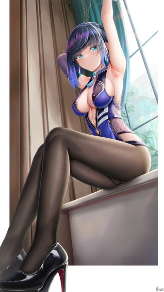Anime picture 2640x4686 with genshin impact yelan (genshin impact) arus single tall image looking at viewer fringe highres short hair breasts light erotic large breasts sitting signed blue hair cleavage blunt bangs parted lips multicolored hair aqua eyes