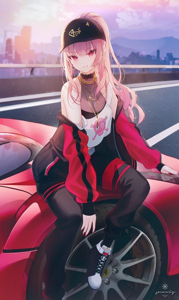 Anime picture 1222x2048 with virtual youtuber hololive hololive english ferrari mori calliope mori calliope (streetwear) snow is single long hair tall image looking at viewer blush fringe breasts smile sitting signed pink hair sky cloud (clouds)