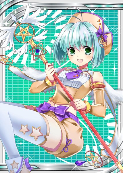 Anime-Bild 640x896 mit shinkai no valkyrie single tall image looking at viewer fringe short hair breasts open mouth holding green eyes ahoge bent knee (knees) green hair happy girl thighhighs bow hat detached sleeves white thighhighs