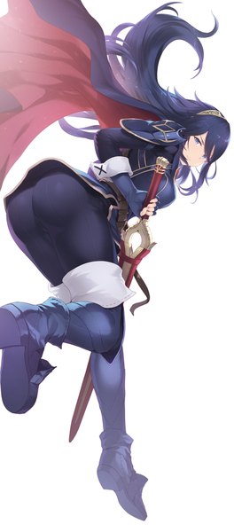 Anime picture 790x1792 with fire emblem fire emblem awakening nintendo lucina (fire emblem) cait single long hair tall image looking at viewer fringe blue eyes light erotic simple background white background holding blue hair full body bent knee (knees) ass looking back