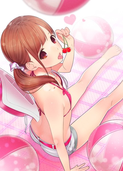 Anime picture 863x1200 with original ama mitsuki single long hair tall image looking at viewer blush breasts light erotic red eyes brown hair sitting twintails looking back barefoot from above shiny skin flat chest eating girl