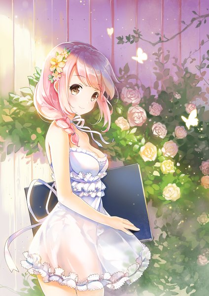 Anime picture 1200x1697 with original sibyl single long hair tall image blush fringe breasts smile standing bare shoulders holding brown eyes payot pink hair cleavage braid (braids) hair flower sunlight single braid