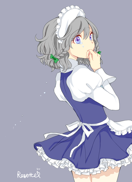 Anime picture 800x1100 with touhou izayoi sakuya rosette (roze-ko) single tall image short hair simple background purple eyes signed looking away braid (braids) wind grey hair maid tears twin braids purple background girl uniform headdress