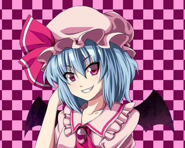Anime picture 1181x945 with touhou remilia scarlet falketto (artist) single short hair blue hair pink eyes grin demon wings checkered background girl wings bonnet