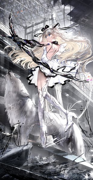 Anime picture 2111x4096 with original nanaponi single long hair tall image fringe highres blue eyes blonde hair standing holding looking away full body outdoors parted lips wind high heels two side up outstretched arm back
