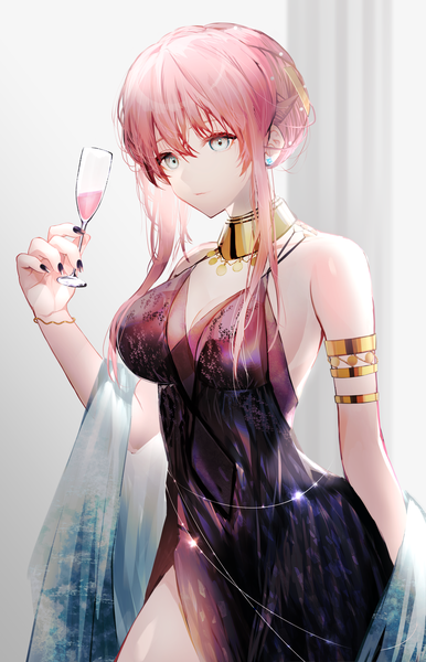 Anime picture 5509x8559 with original hitotsuyama jitan single long hair tall image looking at viewer fringe highres breasts hair between eyes large breasts standing holding payot pink hair absurdres cleavage nail polish arm up fingernails