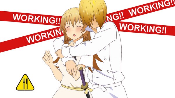 Anime picture 1920x1080 with working!! a-1 pictures todoroki yachiyo satou jun highres blonde hair wide image maid couple hug weapon sword katana