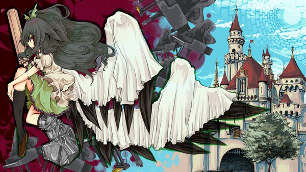 Anime picture 1920x1080 with touhou reiuji utsuho nanami (artist) highres red eyes brown hair wide image arm cannon girl wings musical instrument castle piano