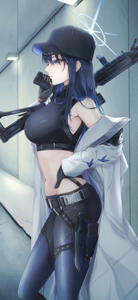 Anime picture 945x2048 with blue archive saori (blue archive) yoru0409 single long hair tall image fringe breasts blue eyes black hair hair between eyes large breasts standing holding looking away indoors off shoulder open clothes midriff hand on hip