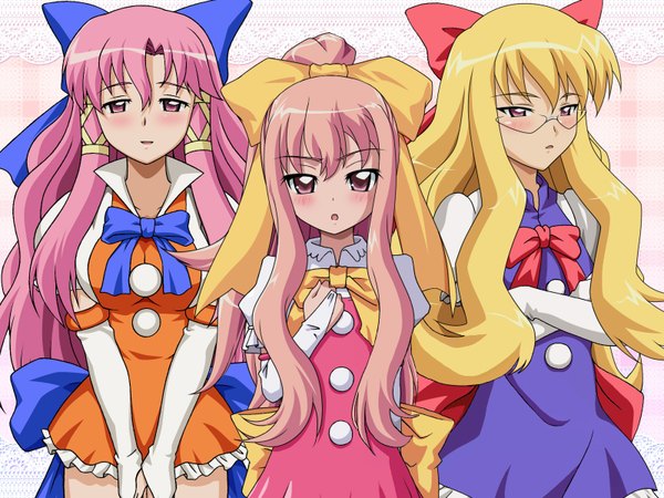 Anime picture 1600x1200 with zero no tsukaima j.c. staff louise francoise le blanc de la valliere blonde hair multiple girls pink hair pink eyes crossed arms girl gloves bow 3 girls elenor