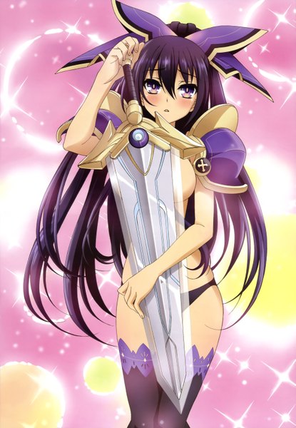 Anime picture 4096x5920 with date a live nyantype yatogami tooka single long hair tall image blush highres breasts light erotic brown eyes absurdres purple hair official art girl thighhighs underwear panties weapon black thighhighs