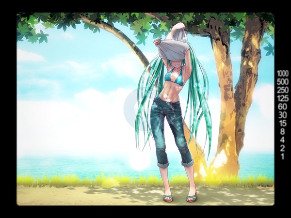 Anime picture 1024x768 with vocaloid hatsune miku wokada single twintails cloud (clouds) very long hair aqua hair girl navel swimsuit plant (plants) bikini tree (trees) jeans