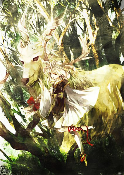 Anime picture 1753x2480 with original awa toka single long hair tall image highres blonde hair barefoot horn (horns) single braid soles flying monster girl girl ribbon (ribbons) plant (plants) hair ribbon animal jewelry grass
