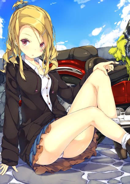 Anime picture 1500x2121 with original shirohina single long hair tall image looking at viewer light erotic blonde hair sitting pantyshot pantyshot sitting girl skirt hair ornament underwear panties miniskirt animal shirt socks