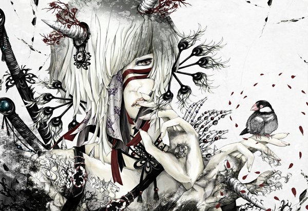 Anime picture 1000x686 with original paw (brtabby) single fringe short hair looking away parted lips horn (horns) fingernails lips hair over one eye grey eyes tattoo monochrome girl hair ornament ribbon (ribbons)