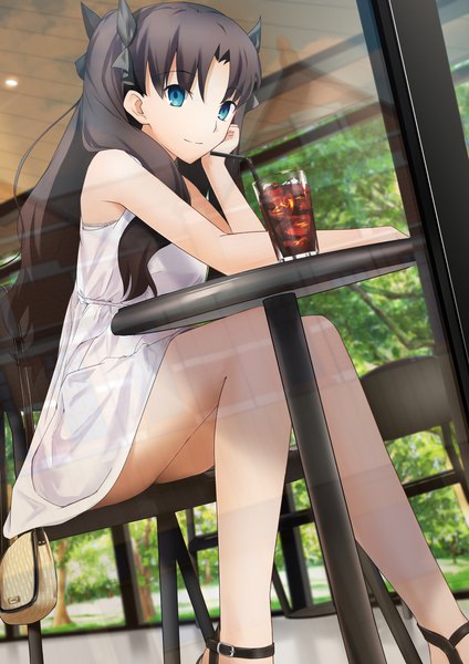 Anime picture 2026x2865 with fate (series) fate/stay night toosaka rin a-senmei single long hair tall image looking at viewer fringe highres blue eyes black hair smile hair between eyes sitting bare shoulders bent knee (knees) indoors bare legs two side up
