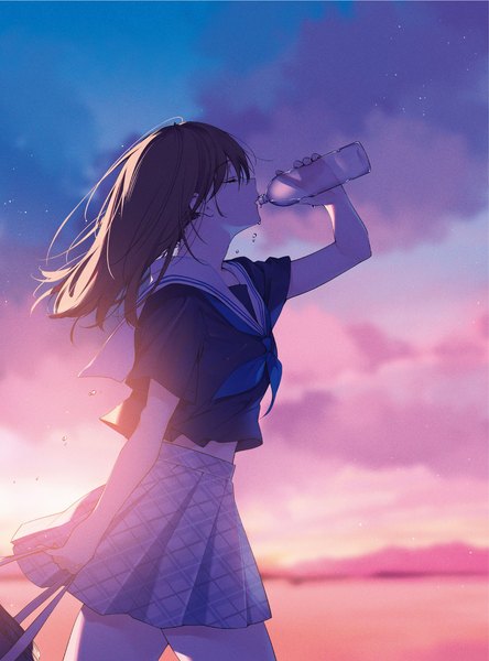 Anime picture 1421x1920 with original necomi (gussan) single long hair tall image fringe hair between eyes brown hair holding cloud (clouds) outdoors eyes closed profile pleated skirt arm up blurry scan short sleeves depth of field evening