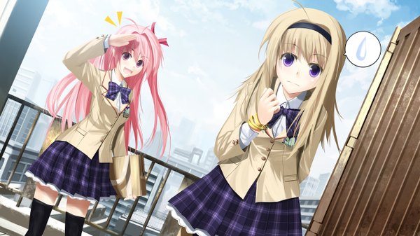 Anime picture 1280x720 with chaos;head sakihata rimi nishijou nanami kouji (astral reverie) long hair blonde hair wide image pink hair thighhighs skirt serafuku