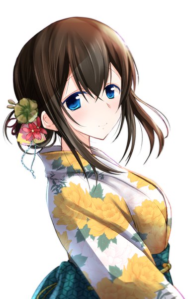 Anime picture 800x1261 with idolmaster idolmaster cinderella girls idolmaster cinderella girls starlight stage sagisawa fumika rikudou inuhiko single long hair tall image looking at viewer blush fringe blue eyes simple background hair between eyes brown hair white background payot upper body traditional clothes japanese clothes