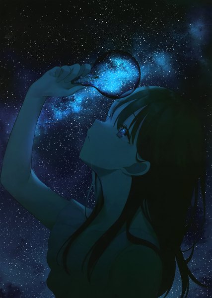 Anime picture 2111x2964 with original achiki single long hair tall image fringe highres black hair hair between eyes holding upper body outdoors profile arm up scan night grey eyes night sky looking up transparent
