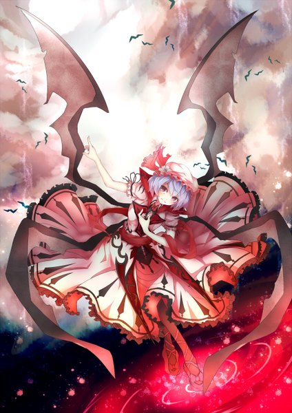 Anime picture 1000x1414 with touhou remilia scarlet chiruru96 single tall image looking at viewer blush short hair smile red eyes blue hair cloud (clouds) girl dress bow wings bonnet
