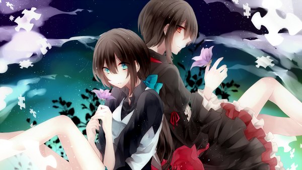 Anime picture 1500x843 with aoray long hair short hair blue eyes black hair red eyes wide image multiple girls looking back back to back girl dress flower (flowers) 2 girls puzzle