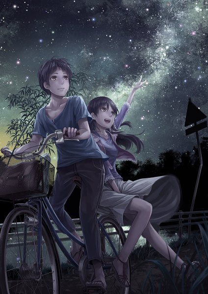 Anime picture 849x1200 with original lif (lif-ppp) tall image open mouth black hair smile sitting brown eyes sky light smile grey hair night night sky couple looking up scenic pointing river milky way tanabata