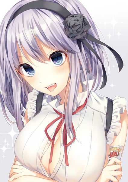 Anime picture 1000x1414 with dagashi kashi feel (studio) shidare hotaru ntk (7t5) single tall image looking at viewer short hair breasts open mouth blue eyes light erotic large breasts purple hair hair flower girl flower (flowers) hairband tongue