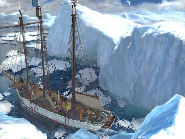 Anime picture 1500x1125 with ran pota (artist) wallpaper water sea moon flag watercraft people ice ship iceberg