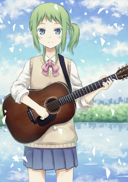 Anime-Bild 1075x1520 mit vocaloid gumi 104 single tall image looking at viewer blush fringe short hair blue eyes standing holding payot sky cloud (clouds) outdoors pleated skirt green hair light smile side ponytail