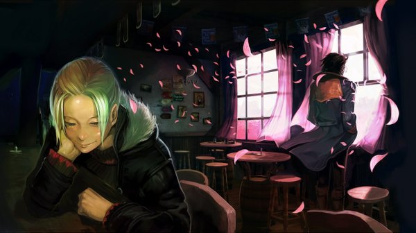 Anime picture 1280x717 with folkssoul - lost folklore ellen (folkssoul) keats blush black hair blonde hair smile wide image from behind arm support hands in pockets petals jacket window chair table