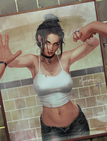 Anime picture 3085x4047 with x-men marvel comics x-23 (laura kinney) krysdecker (krystopher decker) single tall image highres short hair breasts light erotic black hair standing bare shoulders green eyes signed payot absurdres indoors lips realistic