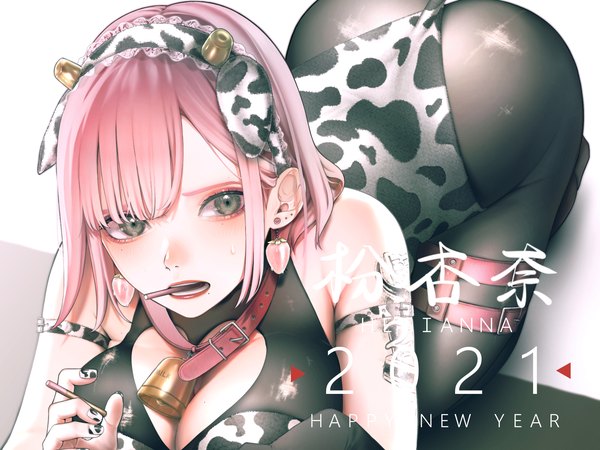 Anime picture 2000x1500 with original hegi anna single highres short hair breasts light erotic large breasts signed animal ears looking away pink hair cleavage ass nail polish black eyes mole mole under eye lipstick fake animal ears