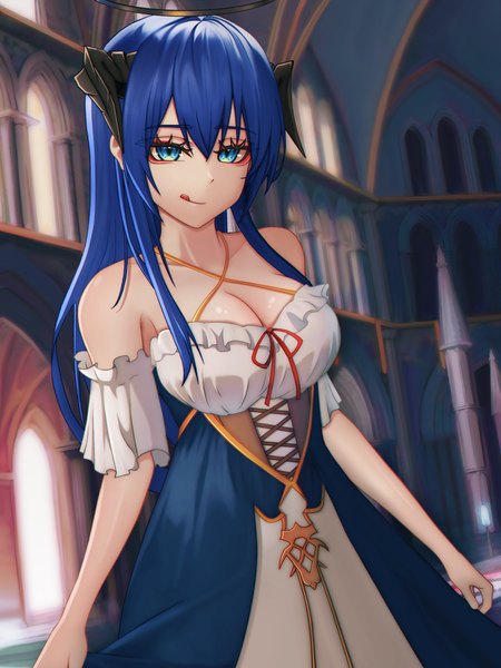 Anime picture 3000x4000 with arknights mostima (arknights) absurd fox single long hair tall image looking at viewer fringe highres breasts blue eyes light erotic smile hair between eyes large breasts standing bare shoulders blue hair horn (horns) short sleeves