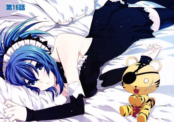 Anime picture 1701x1200 with kampfer senou natsuru single long hair looking at viewer highres open mouth blue eyes bare shoulders blue hair ass lying scan genderswap girl thighhighs dress black thighhighs detached sleeves bed