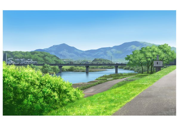 Anime picture 1433x1013 with original hariken sky border horizon mountain no people landscape scenic river plant (plants) tree (trees) building (buildings) grass bridge road